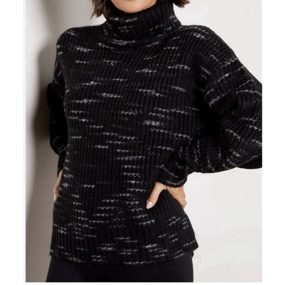 Varley Marlena Knit Dalmatian Knit Turtleneck Sweater Womens XL Black Wool Blend